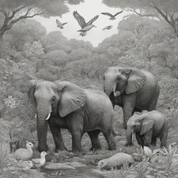 An intricate display of real animals in their natural habitats, converted to high-contrast, black and white outlines ideal for a coloring book