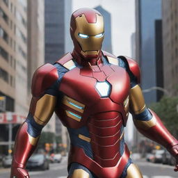 A distinctive video game character that merges Ironman and Spiderman. The character has Ironman's high-tech armor, glowing with energy, merged with Spiderman's flexibility and web-spinning abilities, creating a new level of superhero.