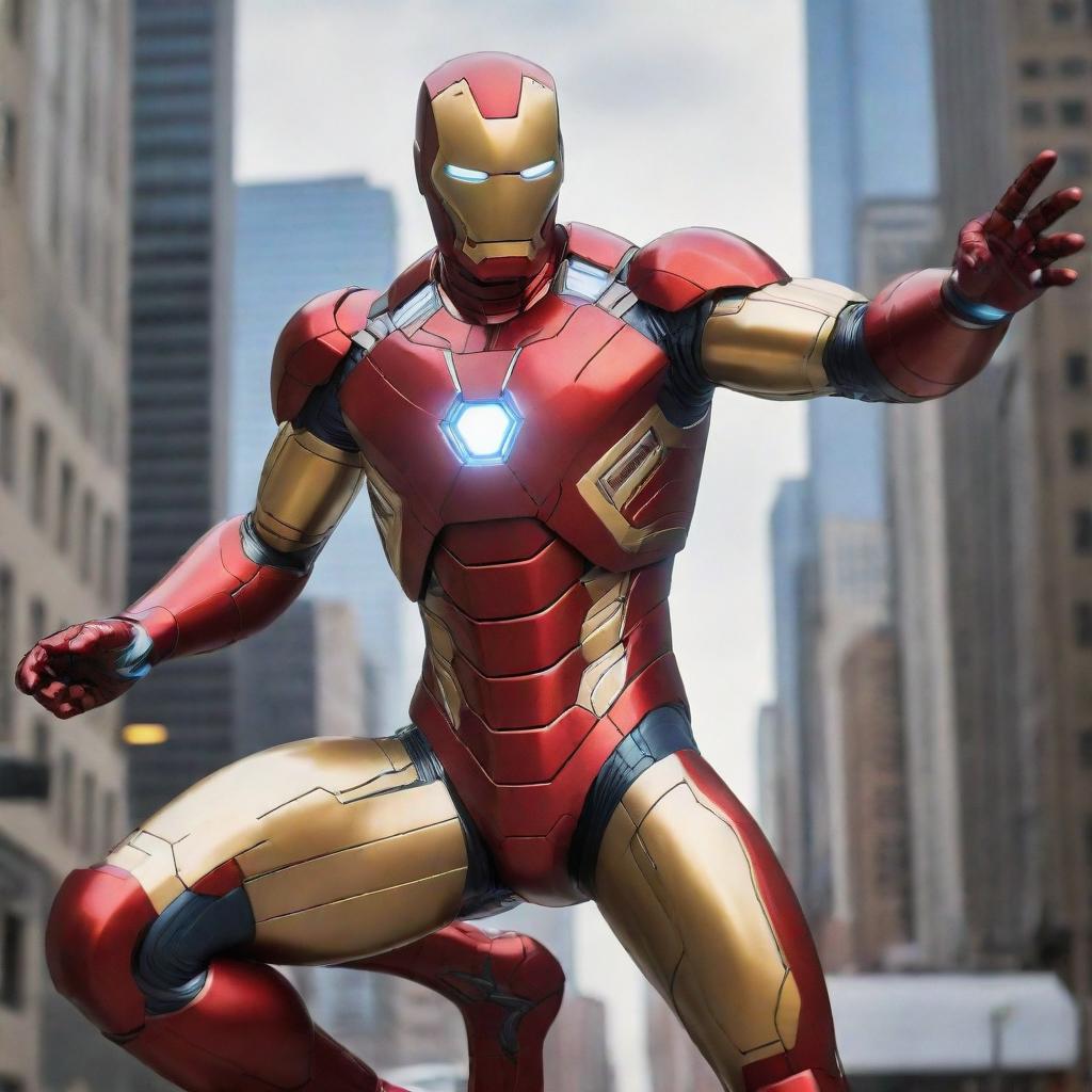 A distinctive video game character that merges Ironman and Spiderman. The character has Ironman's high-tech armor, glowing with energy, merged with Spiderman's flexibility and web-spinning abilities, creating a new level of superhero.