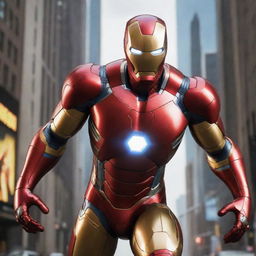 A distinctive video game character that merges Ironman and Spiderman. The character has Ironman's high-tech armor, glowing with energy, merged with Spiderman's flexibility and web-spinning abilities, creating a new level of superhero.