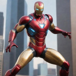 A distinctive video game character that merges Ironman and Spiderman. The character has Ironman's high-tech armor, glowing with energy, merged with Spiderman's flexibility and web-spinning abilities, creating a new level of superhero.