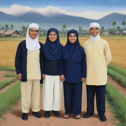 Caricature of four Indonesian men and one woman wearing hijabs. They are all wearing navy shirts and cream trousers, standing prepared in a village area with views of rice fields and mountains.