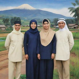 Caricature of four Indonesian men and one woman wearing hijabs. They are all wearing navy shirts and cream trousers, standing prepared in a village area with views of rice fields and mountains.