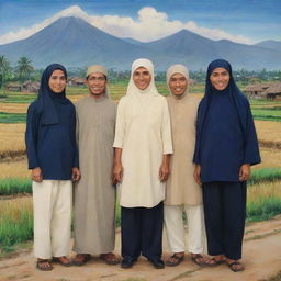 Caricature of four Indonesian men and one woman wearing hijabs. They are all wearing navy shirts and cream trousers, standing prepared in a village area with views of rice fields and mountains.