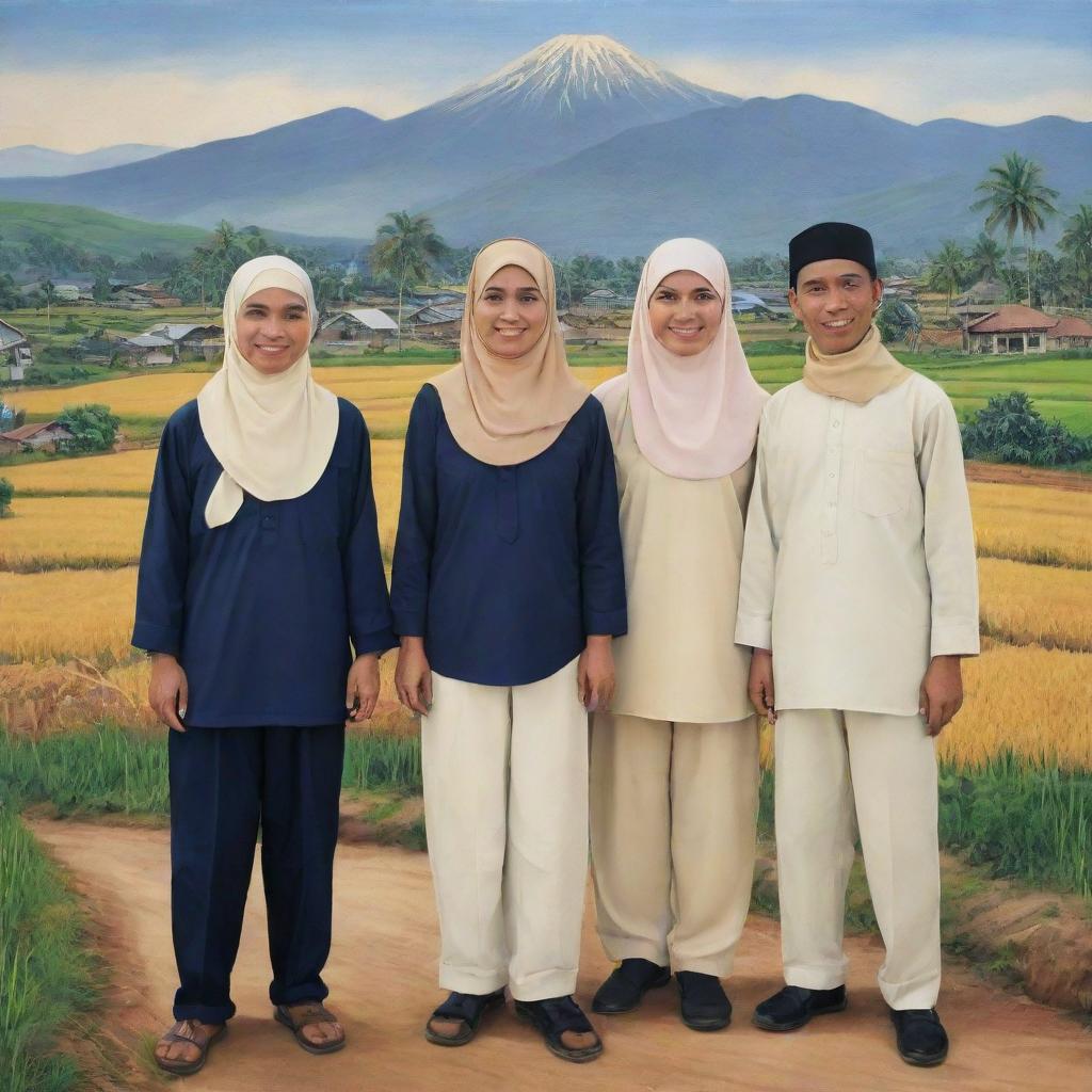 Caricature of four Indonesian men and one woman wearing hijabs. They are all wearing navy shirts and cream trousers, standing prepared in a village area with views of rice fields and mountains.