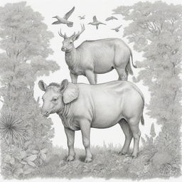 Illustrate a variety of animals in their natural settings depicted with delicately contoured black outlines on a white background, suitable for a coloring book