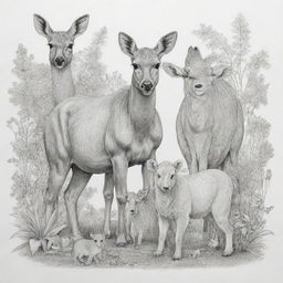 Illustrate a variety of animals in their natural settings depicted with delicately contoured black outlines on a white background, suitable for a coloring book