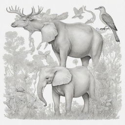 Illustrate a variety of animals in their natural settings depicted with delicately contoured black outlines on a white background, suitable for a coloring book