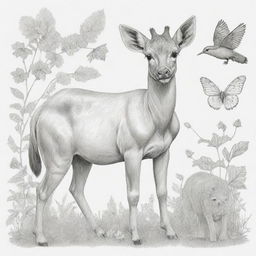 Illustrate a variety of animals in their natural settings depicted with delicately contoured black outlines on a white background, suitable for a coloring book