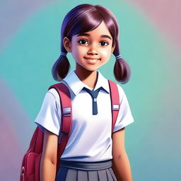 A high-quality digital art image portraying a young girl in a school uniform, carrying a backpack