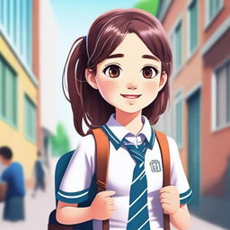 A high-quality digital art image portraying a young girl in a school uniform, carrying a backpack
