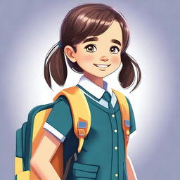 A high-quality digital art image portraying a young girl in a school uniform, carrying a backpack