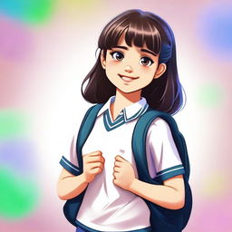 A high-quality digital art image portraying a young girl in a school uniform, carrying a backpack