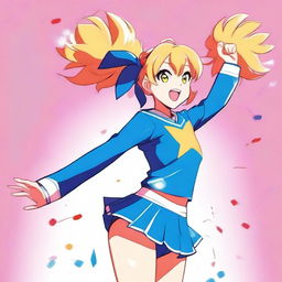 A high-quality digital art image of a cheerful anime cheerleader