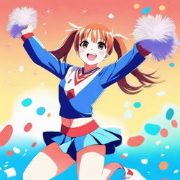 A high-quality digital art image of a cheerful anime cheerleader
