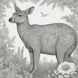 Create a sequence of 80 distinct, intricate black and white illustrations of various animals in different habitats, each skillfully designed for filling with vibrant color in a coloring book