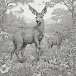 Create a sequence of 80 distinct, intricate black and white illustrations of various animals in different habitats, each skillfully designed for filling with vibrant color in a coloring book