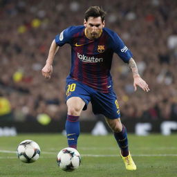 A dynamic, full-bodied illustration of Lionel Messi in action, sporting his signature Barcelona jersey, exhibiting exceptional footwork and control of the football