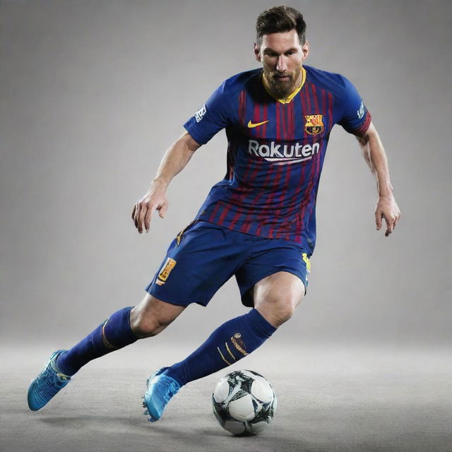 A dynamic, full-bodied illustration of Lionel Messi in action, sporting his signature Barcelona jersey, exhibiting exceptional footwork and control of the football