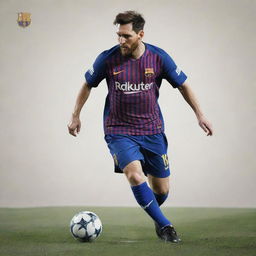 A dynamic, full-bodied illustration of Lionel Messi in action, sporting his signature Barcelona jersey, exhibiting exceptional footwork and control of the football