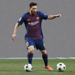 A dynamic, full-bodied illustration of Lionel Messi in action, sporting his signature Barcelona jersey, exhibiting exceptional footwork and control of the football