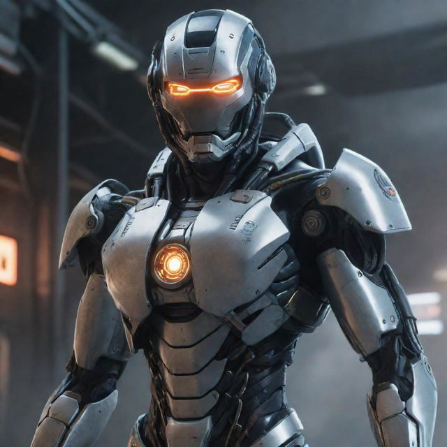 A video game character donned in perilous, advanced cyborg gear. The gear is a blend of high-tech machinery, exuding a threatening aura filled with cold metal, glowing wires, and intimidating weaponry.