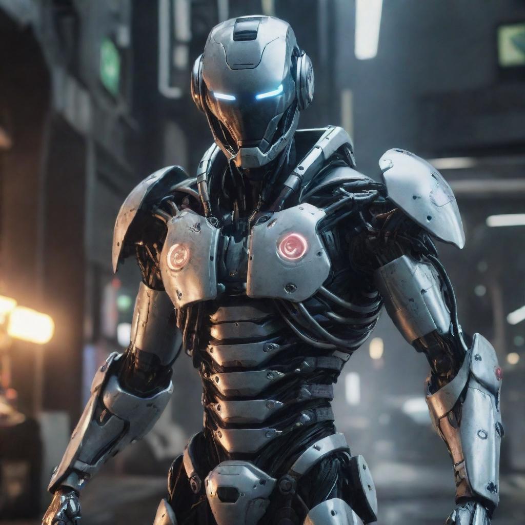 A video game character donned in perilous, advanced cyborg gear. The gear is a blend of high-tech machinery, exuding a threatening aura filled with cold metal, glowing wires, and intimidating weaponry.