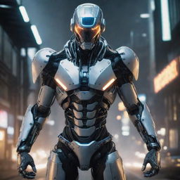 A video game character donned in perilous, advanced cyborg gear. The gear is a blend of high-tech machinery, exuding a threatening aura filled with cold metal, glowing wires, and intimidating weaponry.