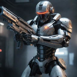 A video game character in menacing cyborg gear, gripping a high-tech gun. The gear’s metal and circuits gleam in a sinister way, enhancing the deadly nature of the weapon, ready to engage in a thrilling sci-fi battle.