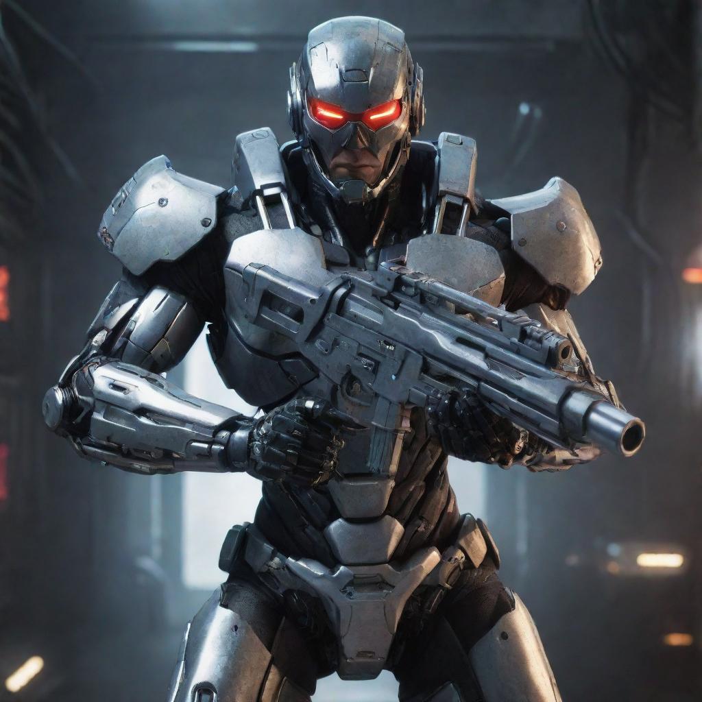 A video game character in menacing cyborg gear, gripping a high-tech gun. The gear’s metal and circuits gleam in a sinister way, enhancing the deadly nature of the weapon, ready to engage in a thrilling sci-fi battle.