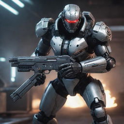 A video game character in menacing cyborg gear, gripping a high-tech gun. The gear’s metal and circuits gleam in a sinister way, enhancing the deadly nature of the weapon, ready to engage in a thrilling sci-fi battle.