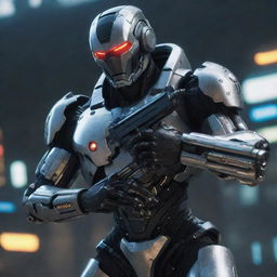 A video game character in menacing cyborg gear, gripping a high-tech gun. The gear’s metal and circuits gleam in a sinister way, enhancing the deadly nature of the weapon, ready to engage in a thrilling sci-fi battle.