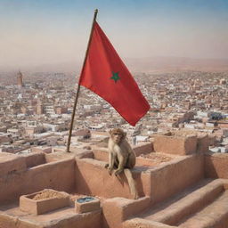 Present a vibrant portrayal of the Moroccan flag, fluttering in the wind over the bustling cityscape of Marrakesh, with a playful monkey peeking from the foreground