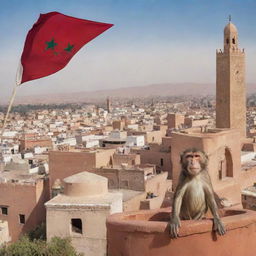 Present a vibrant portrayal of the Moroccan flag, fluttering in the wind over the bustling cityscape of Marrakesh, with a playful monkey peeking from the foreground