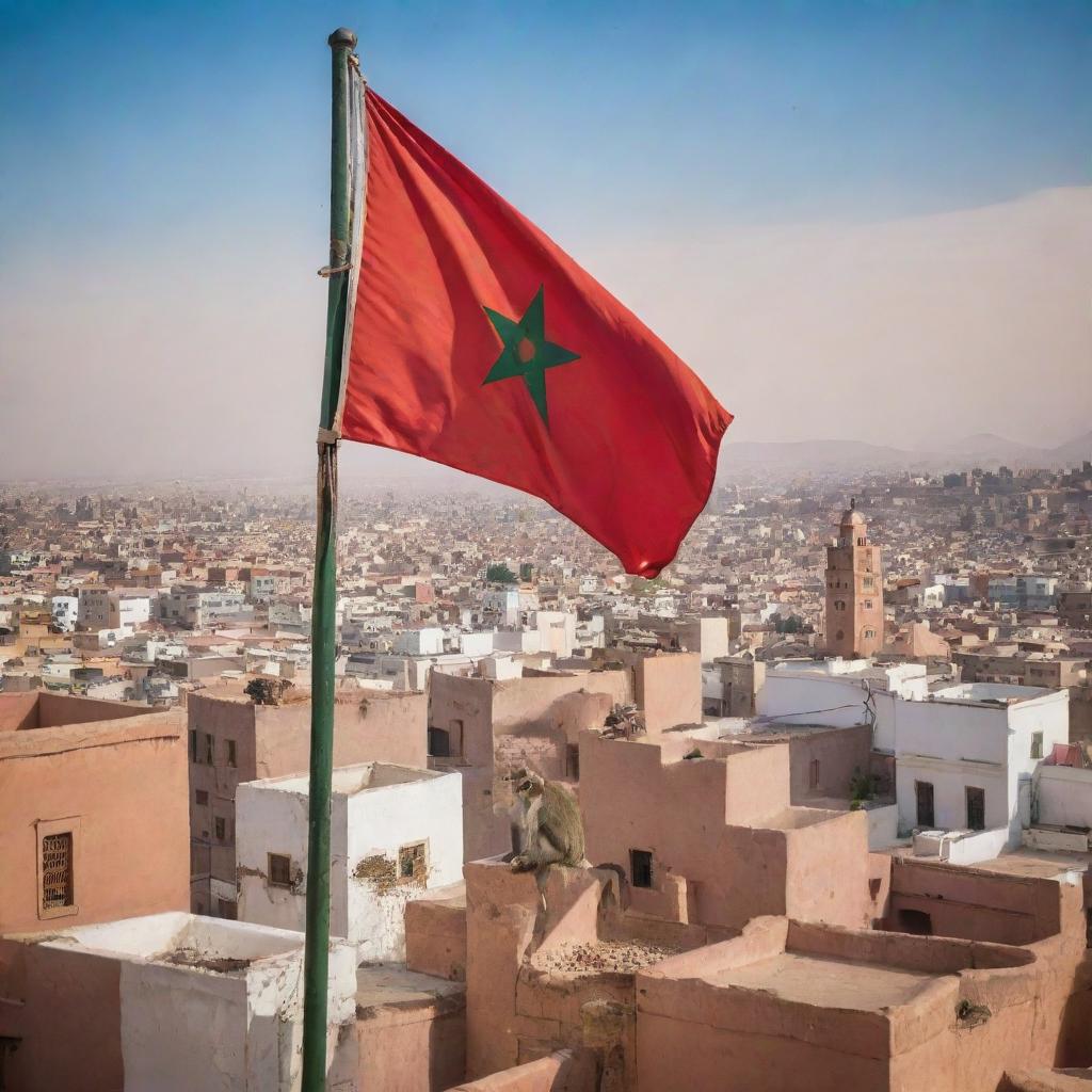 Present a vibrant portrayal of the Moroccan flag, fluttering in the wind over the bustling cityscape of Marrakesh, with a playful monkey peeking from the foreground