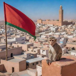 Present a vibrant portrayal of the Moroccan flag, fluttering in the wind over the bustling cityscape of Marrakesh, with a playful monkey peeking from the foreground