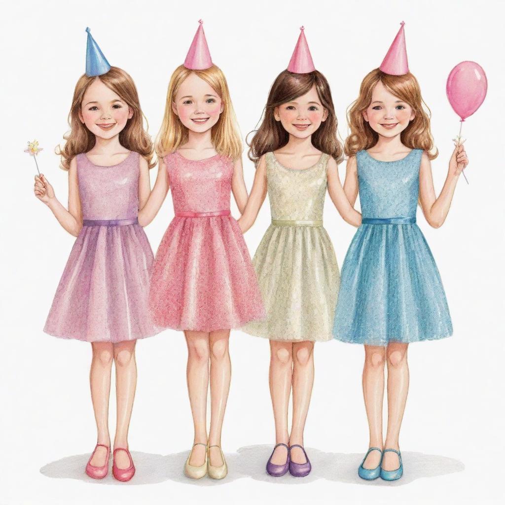 Four girls dressed in sparkling party dresses at a birthday celebration, drawn in a simple, yet detailed style.