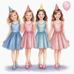 Four girls dressed in sparkling party dresses at a birthday celebration, drawn in a simple, yet detailed style.