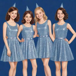 Four girls dressed in sparkling party dresses at a birthday celebration, drawn in a simple, yet detailed style.