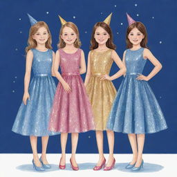 Four girls dressed in sparkling party dresses at a birthday celebration, drawn in a simple, yet detailed style.