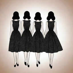 A simple outline drawing of four faceless women dressed in elegant black sparkling dresses at a birthday party.