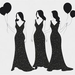 A simple outline drawing of four faceless women dressed in elegant black sparkling dresses at a birthday party.