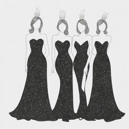 A simple outline drawing of four faceless women dressed in elegant black sparkling dresses at a birthday party.