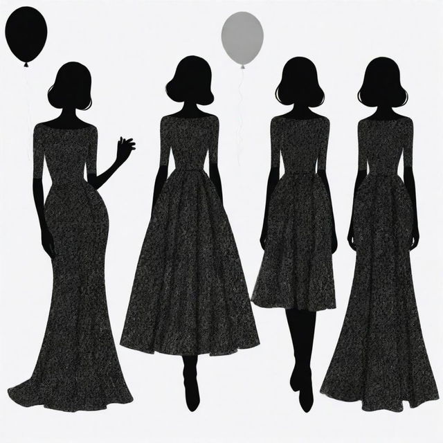 A simple outline drawing of four faceless women dressed in elegant black sparkling dresses at a birthday party.