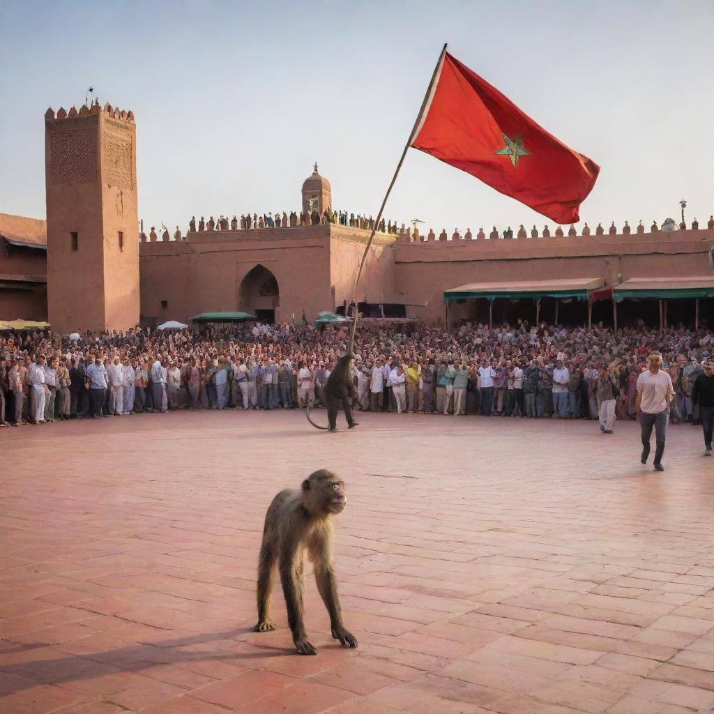 Dynamic depiction of the famous Jemaa el-Fnaa square in Marrakesh, with the Moroccan flag proudly flying overhead, while a monkey creates a scene of playful mischief in the foreground