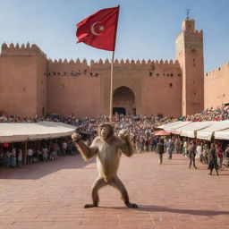 Dynamic depiction of the famous Jemaa el-Fnaa square in Marrakesh, with the Moroccan flag proudly flying overhead, while a monkey creates a scene of playful mischief in the foreground