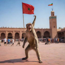 Dynamic depiction of the famous Jemaa el-Fnaa square in Marrakesh, with the Moroccan flag proudly flying overhead, while a monkey creates a scene of playful mischief in the foreground