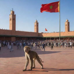 Dynamic depiction of the famous Jemaa el-Fnaa square in Marrakesh, with the Moroccan flag proudly flying overhead, while a monkey creates a scene of playful mischief in the foreground