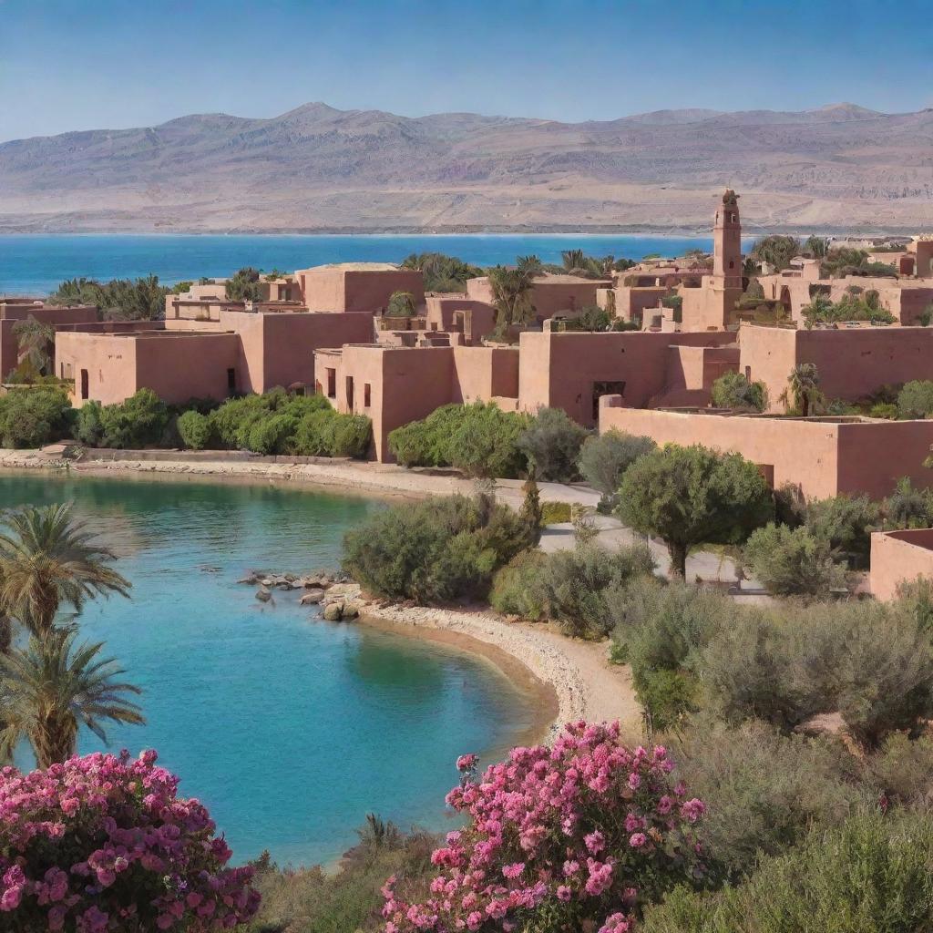 Showcase a picturesque panorama of Kelaat M'Gouna, a town in Morocco noted for its rose festival, with its rustic architecture, verdant rose gardens, and spectacular mountainous backdrop