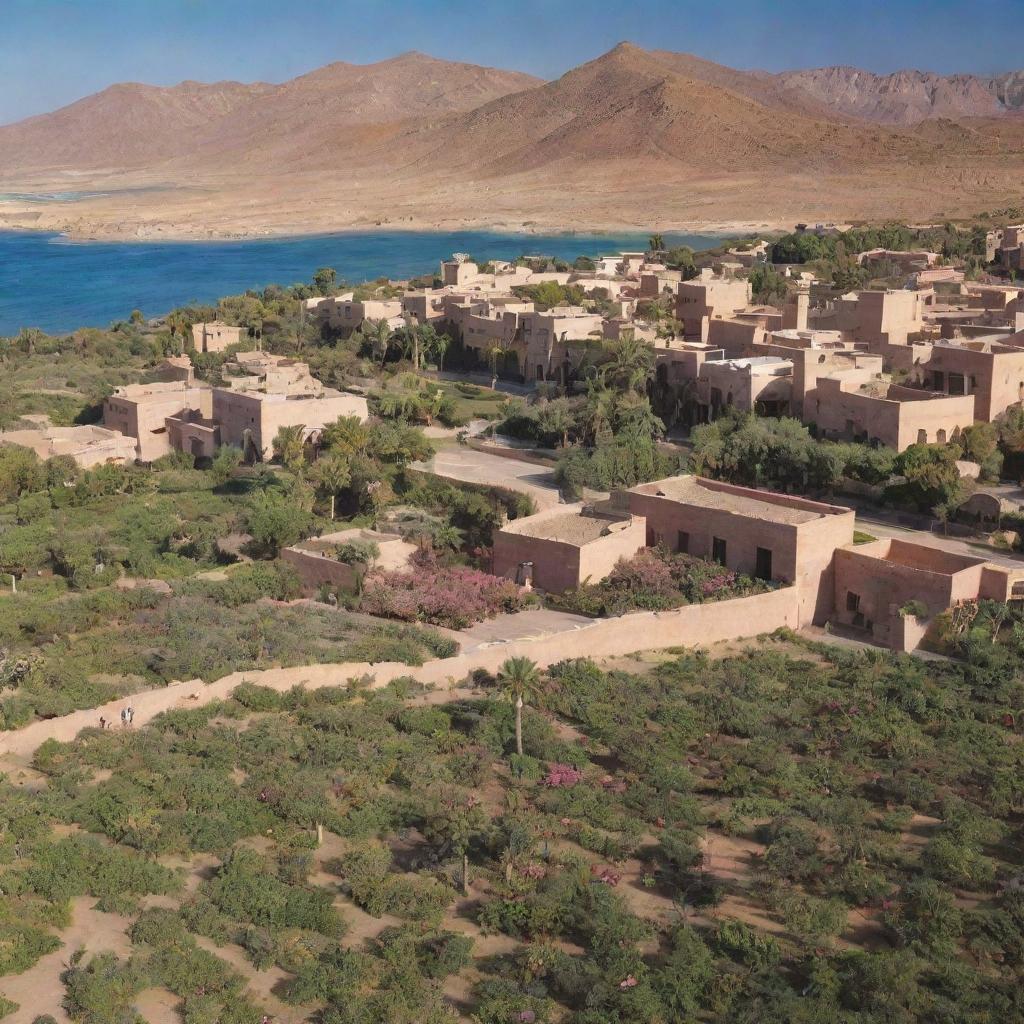 Showcase a picturesque panorama of Kelaat M'Gouna, a town in Morocco noted for its rose festival, with its rustic architecture, verdant rose gardens, and spectacular mountainous backdrop